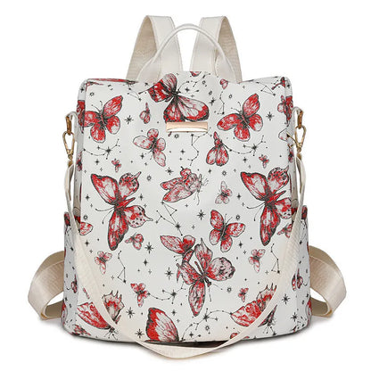 Butterfly printed large capacity PU backpack in various colours with sewing line details and an ergonomic back.