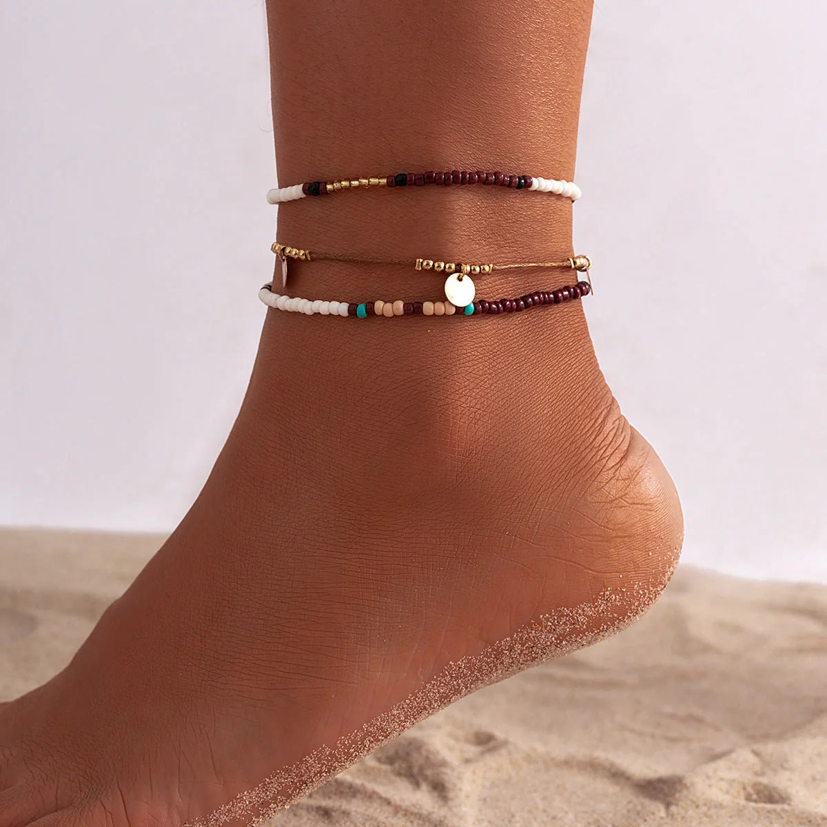 Bohemian multi-layer beaded anklet with star design in mixed colors