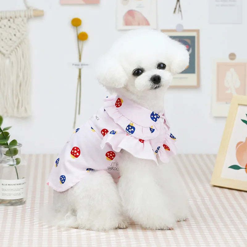 Cotton puppy shirt vest in pink or beige, mushroom design, sizes S to XXL for small dogs