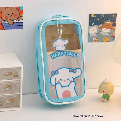 Transparent PVC pencil case with cartoon bear design showing pens inside
