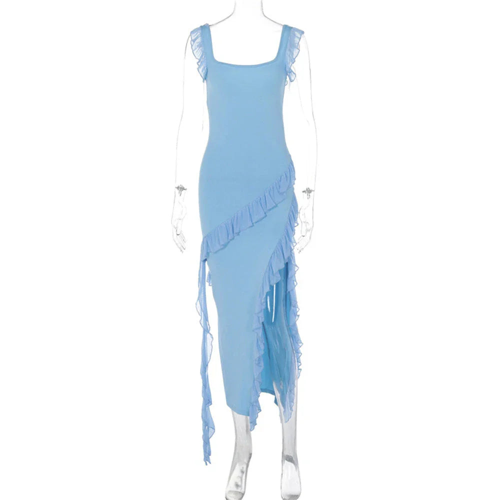 Chic spaghetti strap maxi dress with thigh-high slit in various colors