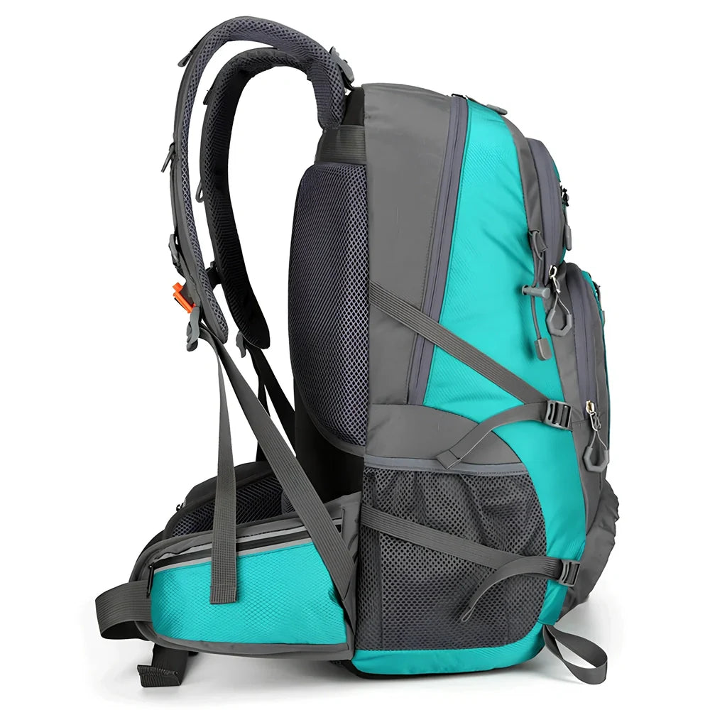 Black 50-litre fishing backpack with multiple compartments and adjustable shoulder straps