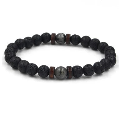 Stylish men's bracelet made with natural volcanic stone, flash stone, and wood chip in a geometric, mosaic-like design