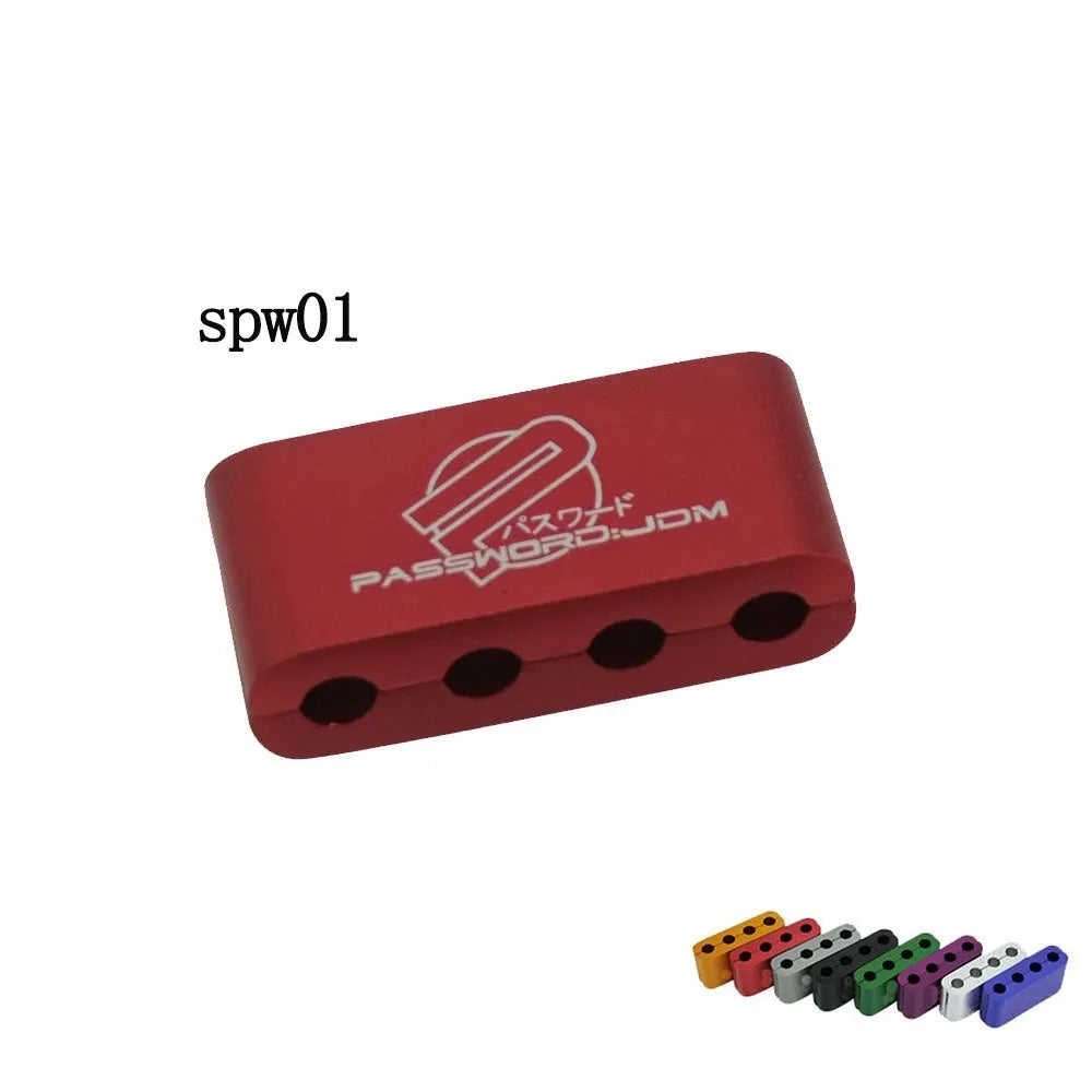Three-piece metal car fastening clamp shown in six colour options: red, blue, silver, black, purple, gold.