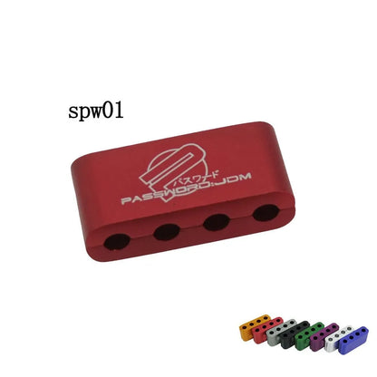Three-piece metal car fastening clamp shown in six colour options: red, blue, silver, black, purple, gold.