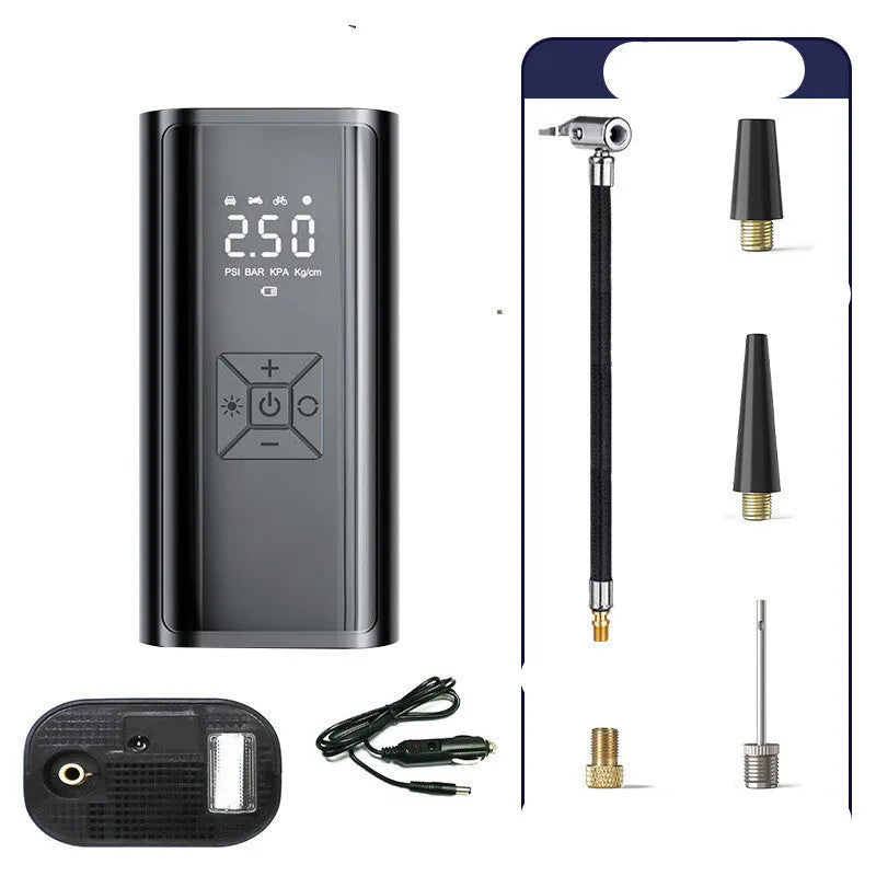 Portable wireless digital display car tyre pump with LED lighting and flexible inflatable tube