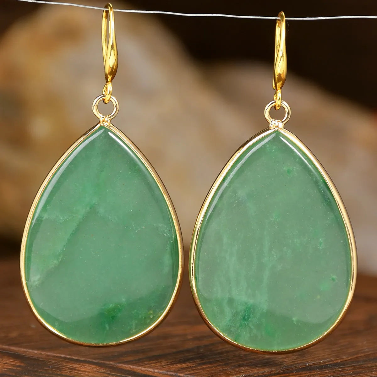 Women's retro natural stone drop earrings showing amethyst and green aventurine colour options on electroplated settings.