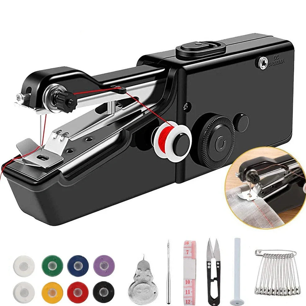 Black handheld electric sewing machine with ruler, scissors, and thread coils on white background