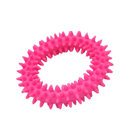 TPR spiky circle ring dog chew toy in assorted colours showing dental cleaning nubs