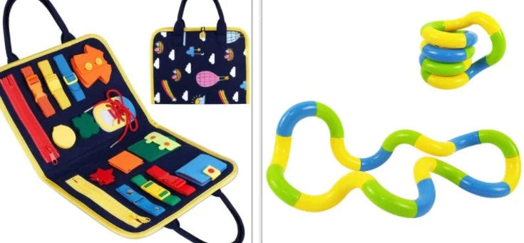 Children's busy board with dressing and buttoning features for early learning