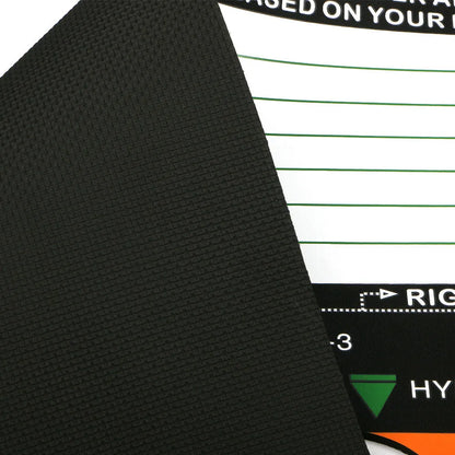 Black neoprene golf swing posture pad with directional markings on a green surface.