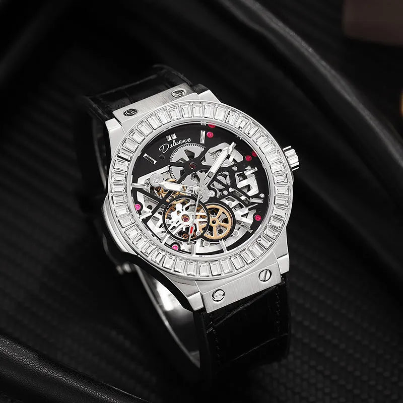Automatic mechanical men's watch with white shell casing, 16mm thickness, hollow movement visible through dial, diamond studs, business style design