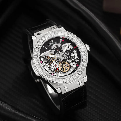 Automatic mechanical men's watch with white shell casing, 16mm thickness, hollow movement visible through dial, diamond studs, business style design