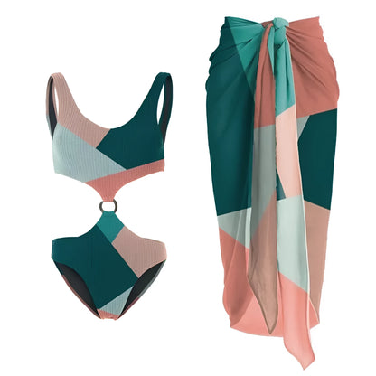 Two-piece contrast colour bikini set with mesh gauze skirt for swimming