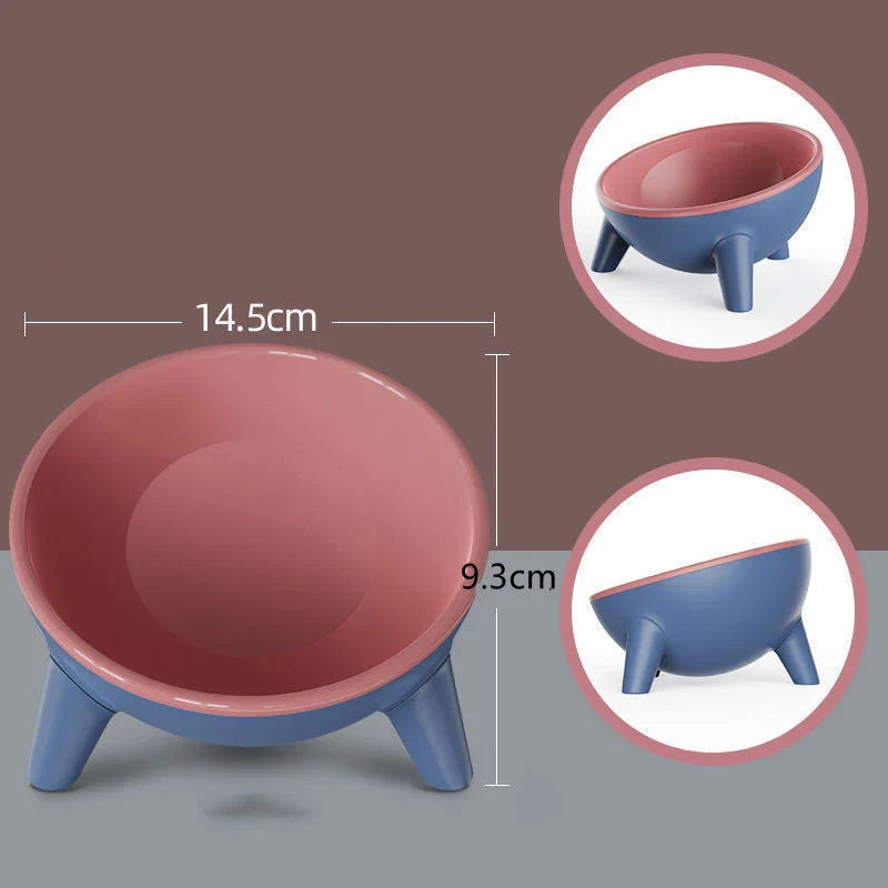 Tilted pet feeding bowls with sturdy stand in various colors, including green, yellow, red, and pink