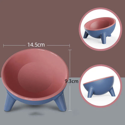 Tilted pet feeding bowls with sturdy stand in various colors, including green, yellow, red, and pink