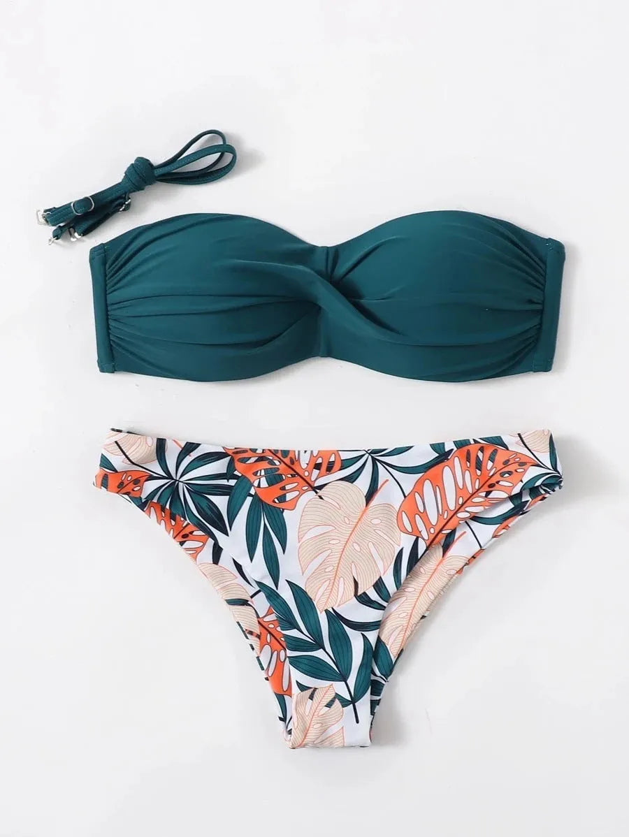 Women's fluorescent green split push-up hard cup bikini swimsuit set with matching briefs.