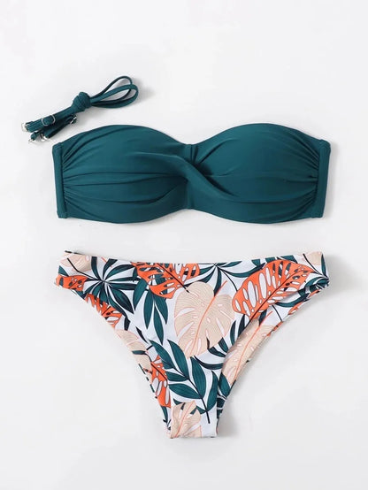 Women's fluorescent green split push-up hard cup bikini swimsuit set with matching briefs.