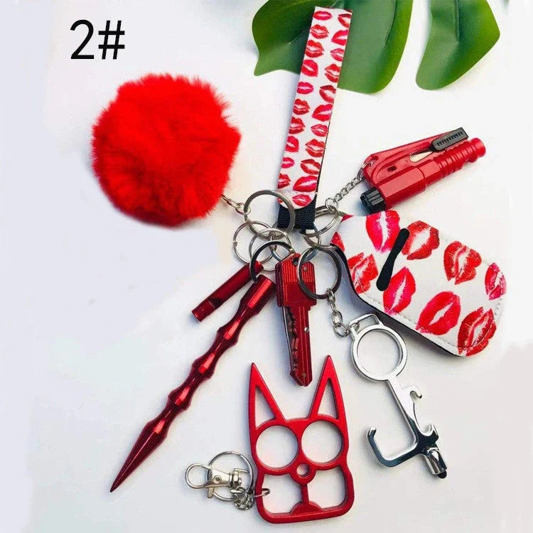 Self-defense keychain set for women with 11 safety tools including alarm and window breaker