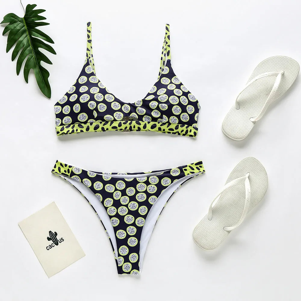 Women's bikini set in black and white dots or red and white stripes, sizes S to XL, polyester fabric for swimming.