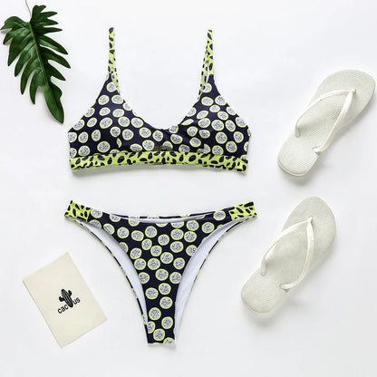 Women's bikini set in black and white dots or red and white stripes, sizes S to XL, polyester fabric for swimming.