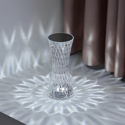 Crystal waist table lamp with faceted acrylic design showing RGB colourful lighting effects