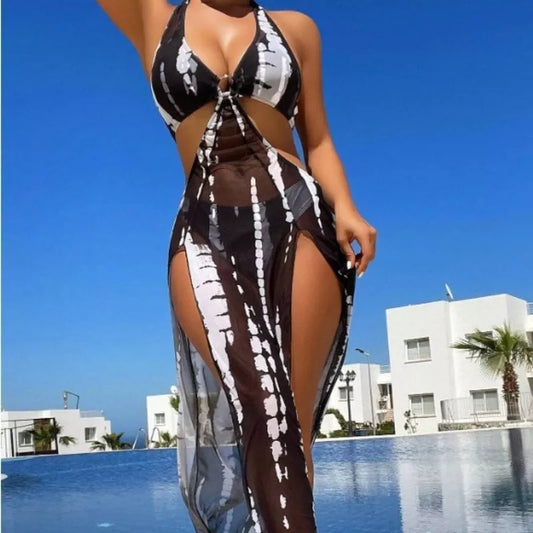 Women's three-piece bikini set in black and white with quick-dry fabric