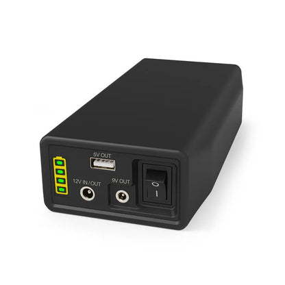 LF4100 compact black 12V lithium iron phosphate battery with output ports and included charger.