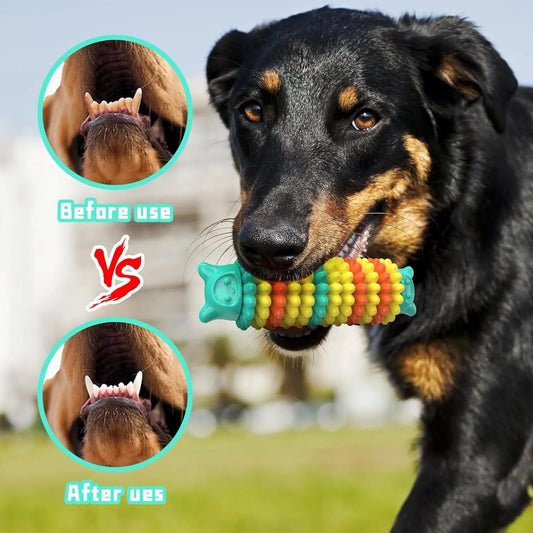 Blue natural rubber caterpillar-shaped dog chew toy measuring 17cm long
