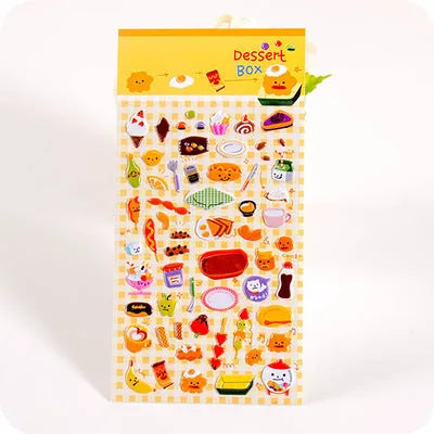 Cartoon three-dimensional bubble stickers showing colourful animal, food and pattern designs for decoration