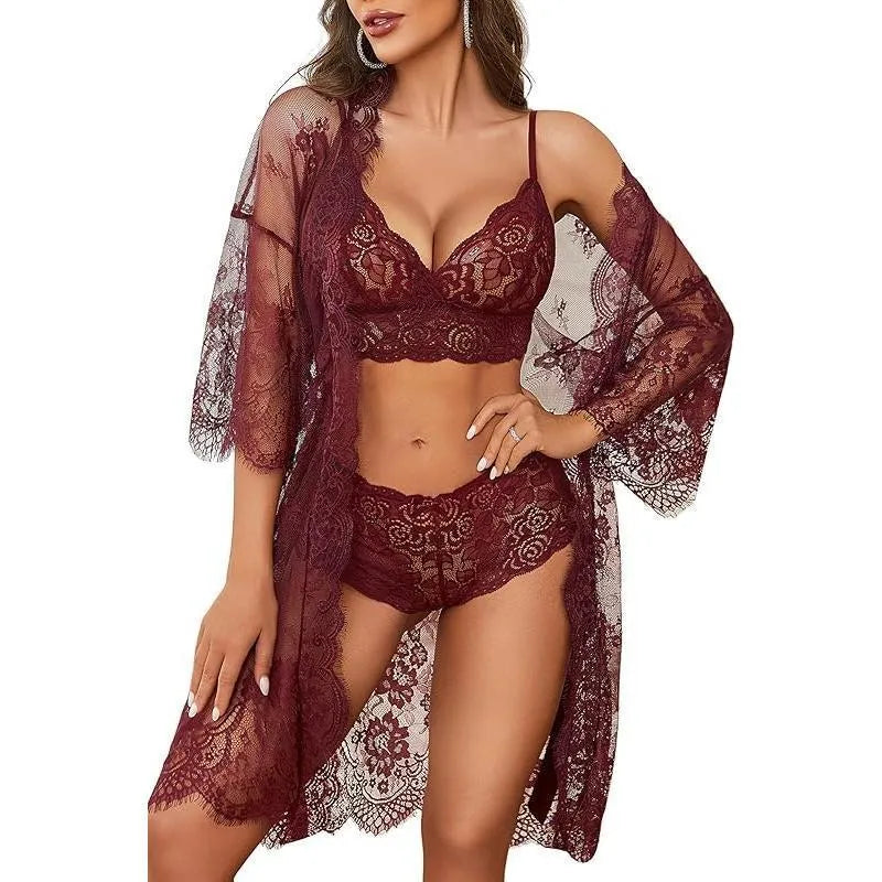 Ladies lace fabric underwear set with adjustable straps and decorative front bow detail