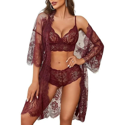 Ladies lace fabric underwear set with adjustable straps and decorative front bow detail