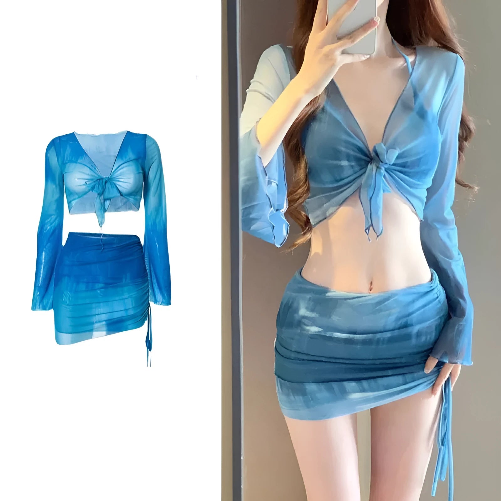Women's blue high-waisted bikini four-piece set showing shirt, bra, underwear, and skirt pieces