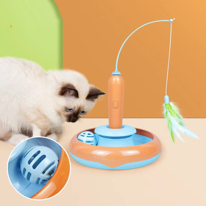 Interactive cat toy with feather and turntable for self-play, safe and durable design