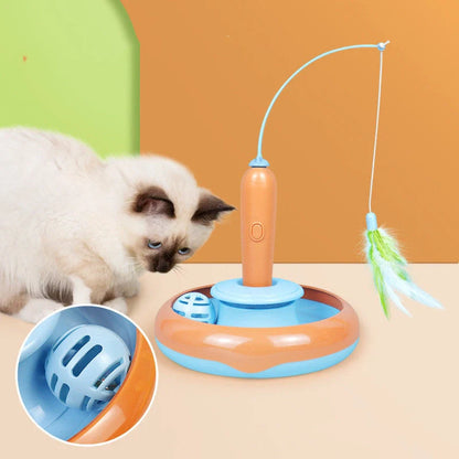 Interactive cat toy with feather and turntable for self-play, safe and durable design