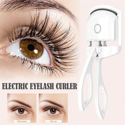 Pink heated electric eyelash curler with USB charging port and curved design with silicone pads