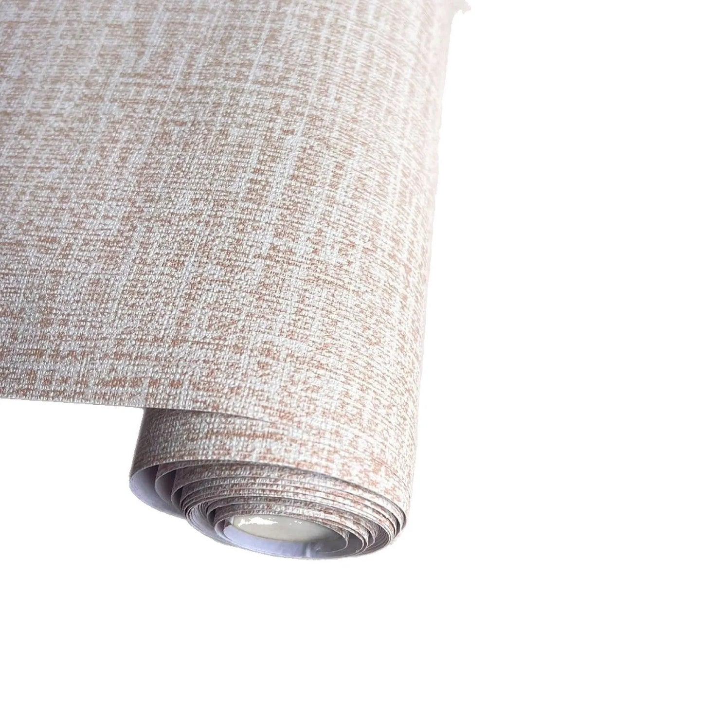Roll of beige linen self-adhesive wallpaper with textured finish next to a sample applied to a clean white wall.