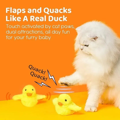 Yellow electric flapping duck cat toy with vibration sensor and removable plush cover