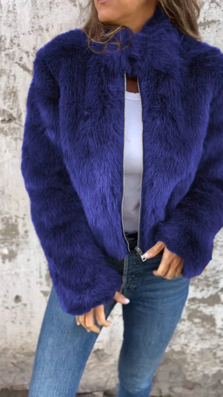 Women's stand collar plush jacket in faux fur with zipper, available in multiple colors