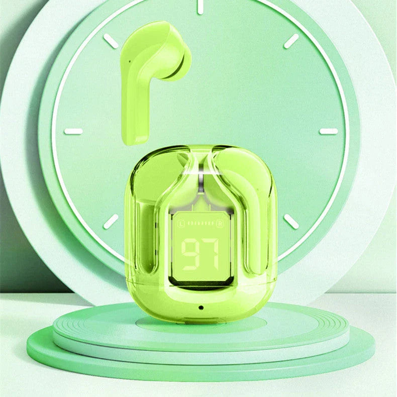 Pair of true wireless Bluetooth earbuds with noise cancellation and digital display