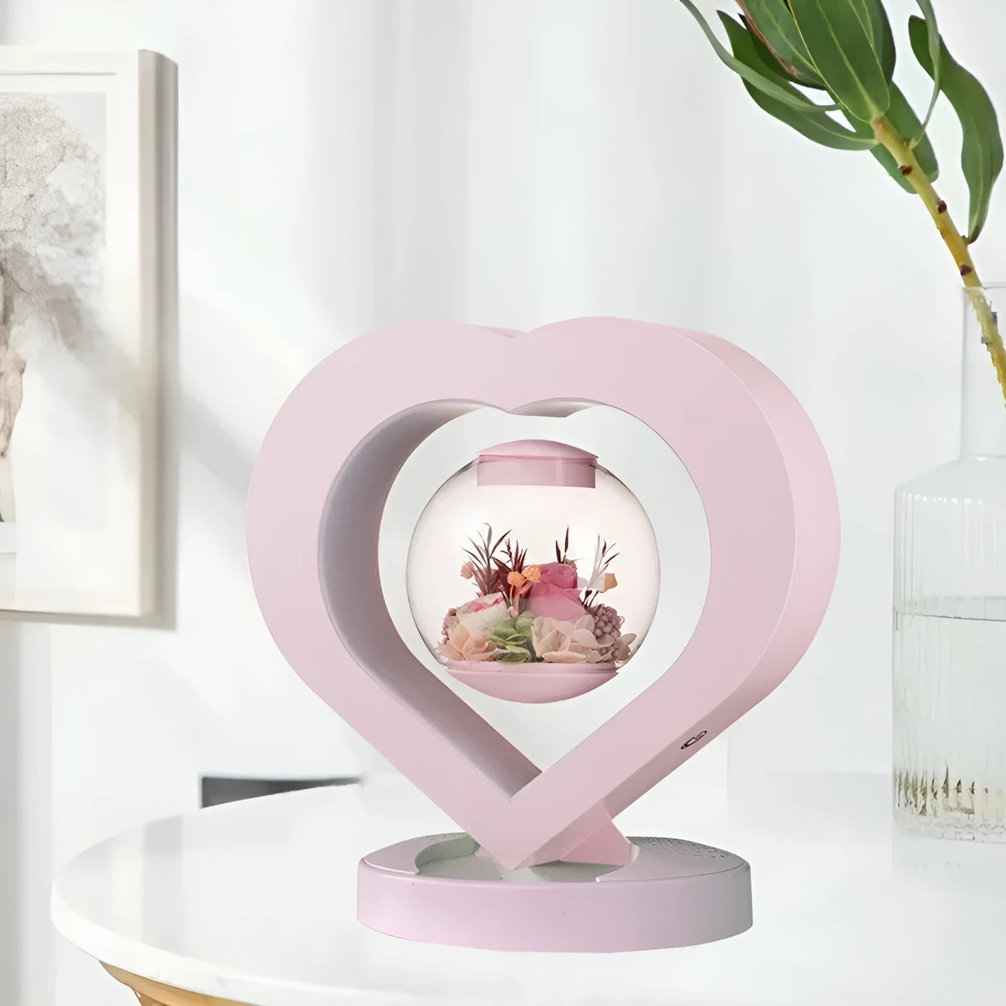 Pink preserved rose ornament with optional audio Bluetooth base for birthday and Valentine's Day gifts