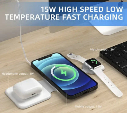 A foldable 3-in-1 wireless charging station with magnetic alignment that can simultaneously charge a phone, smartwatch, and wireless headphones