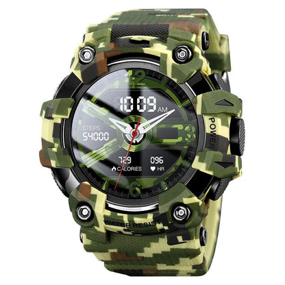 56mm round smart watch with touch screen displaying health metrics, featuring TPU strap and mineral strengthened glass, 50m waterproof