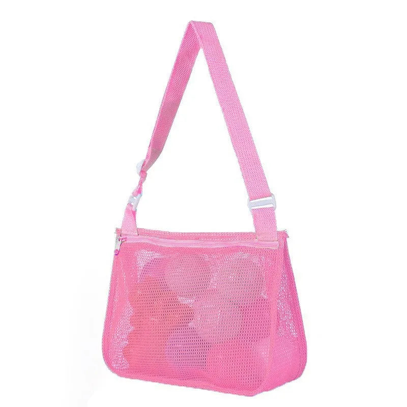 Blue children's travel storage organiser bag with nylon mesh construction and shoulder strap