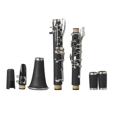 Black Bakelite clarinet with nickel-plated keys, 67cm long, shown with protective bag for beginner musicians