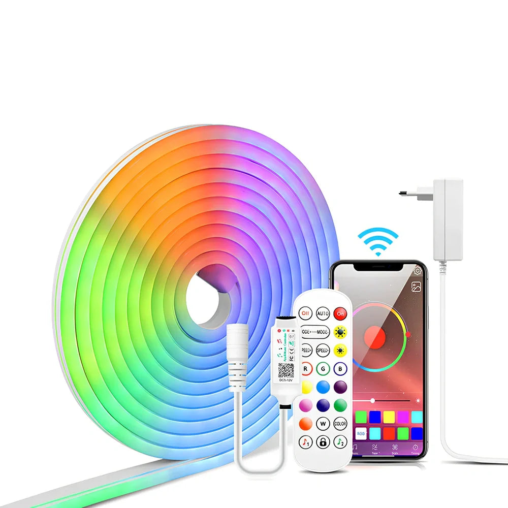 Flexible 12V RGB LED neon strip, 6mm x 15mm waterproof design with Bluetooth controller for home decor, 1-5m lengths