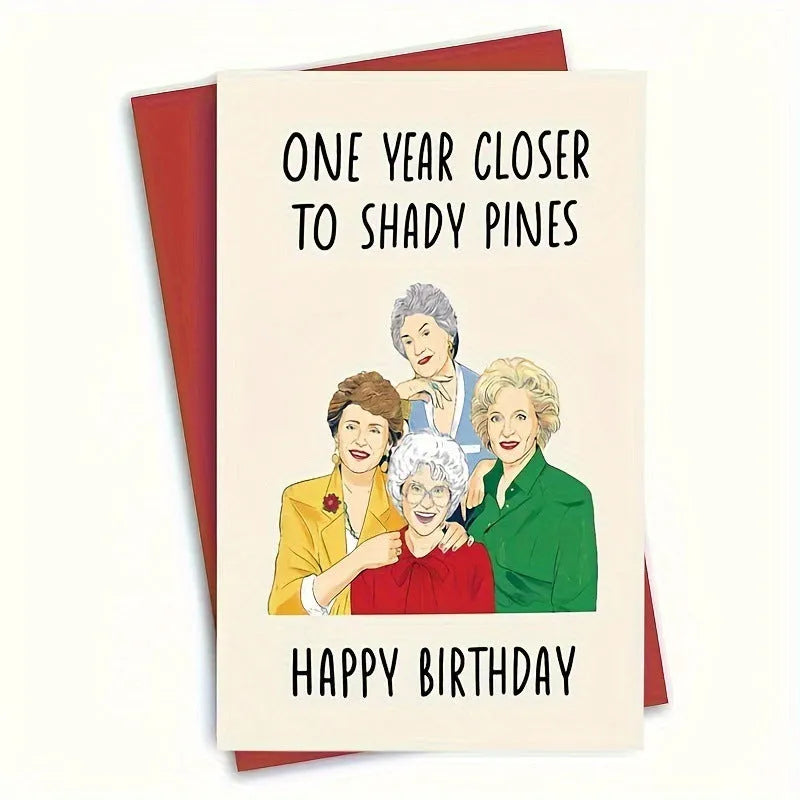 Simple modern birthday greeting card with choice of coloured envelopes: yellow, purple, pink, red, and kraft paper.