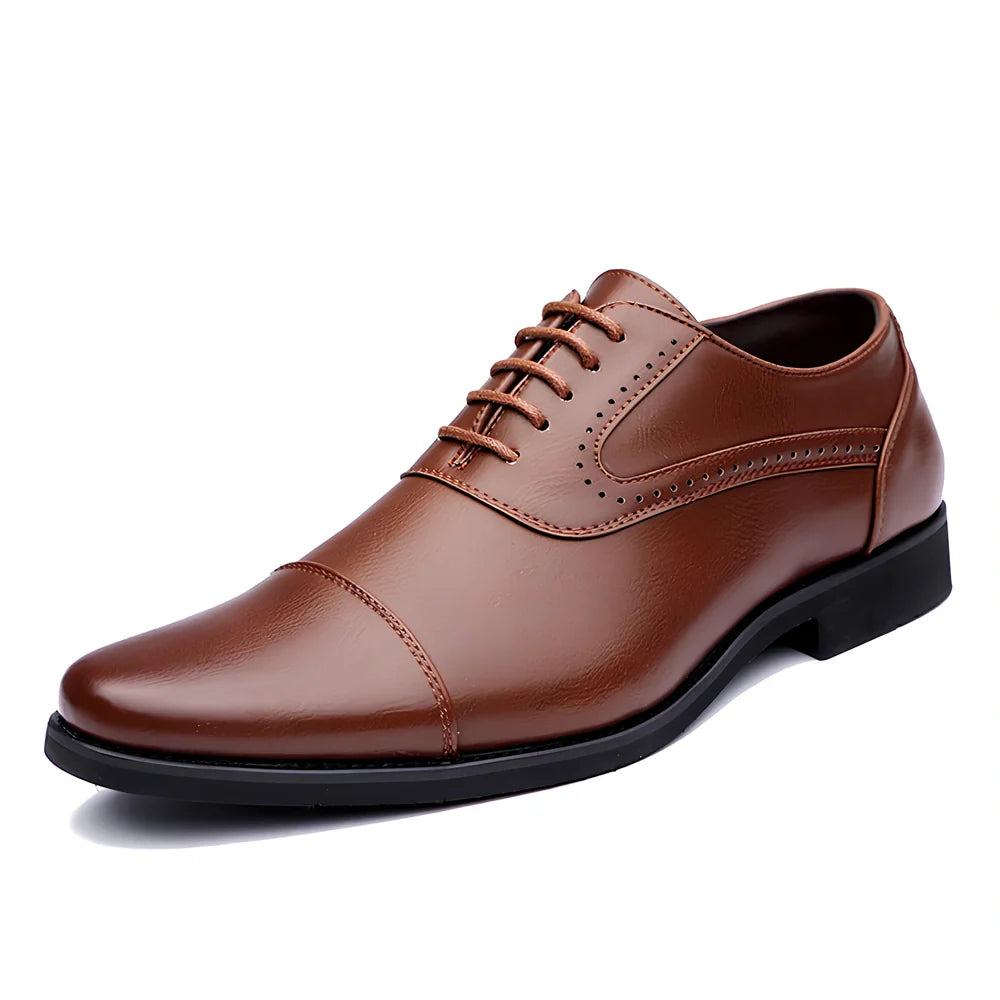 Men's black and brown casual leather shoes with sewing line detailing and rubber soles