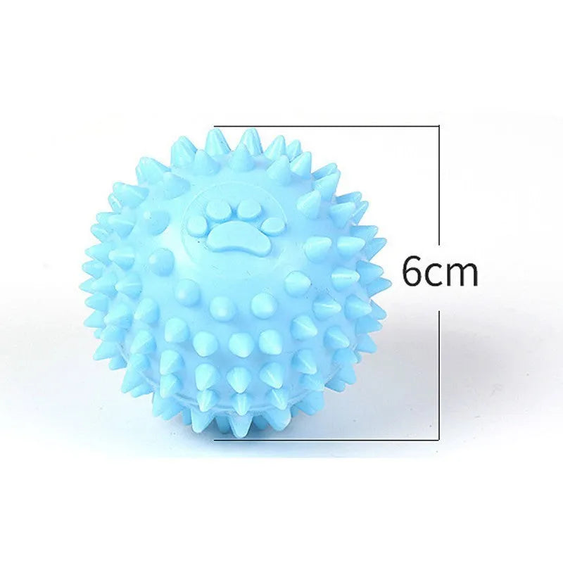 Blue TPR dog chewing toy ball with footprint design and tooth-cleaning bulges