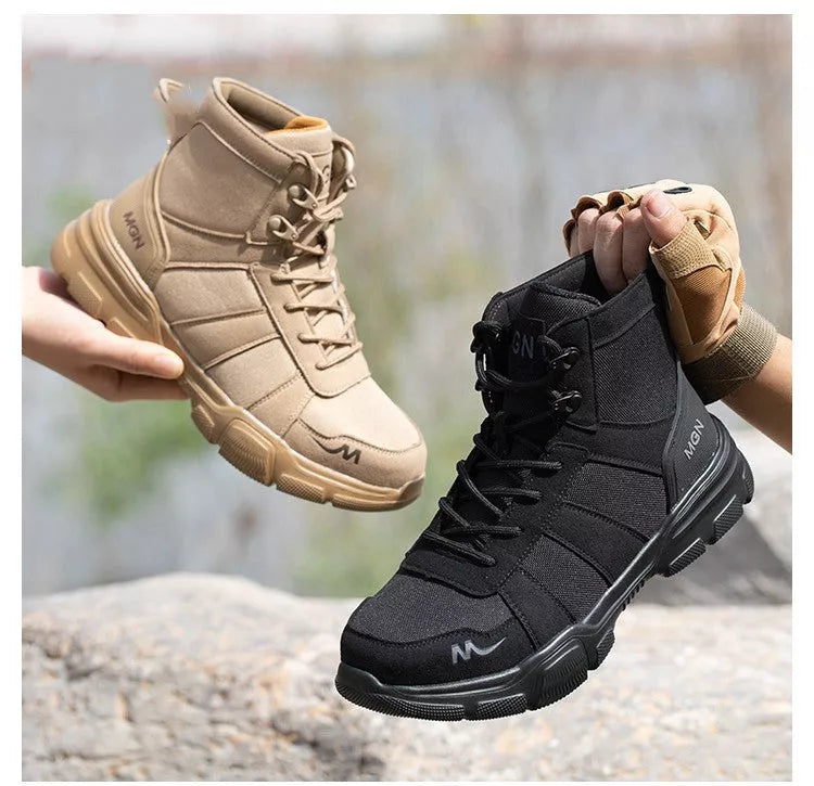 High-top protective shoes with steel toe and anti-puncture sole in black and beige